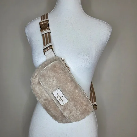 Kate Spade New York Faux Shearling Belt Bag White Leather Tan Stripe K4447 - Picture 1 of 5